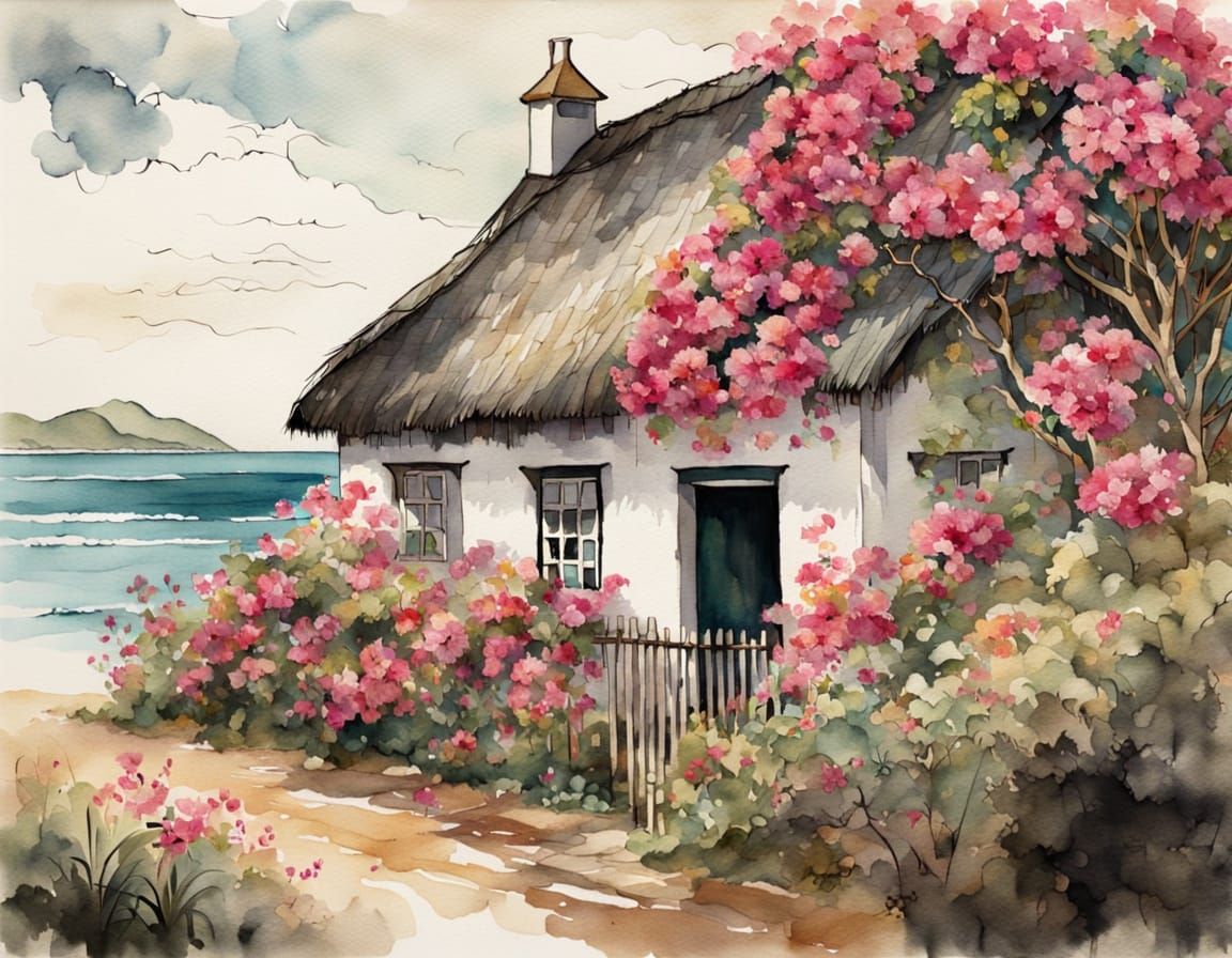 Whimsical Vintage Cottage Scene with Bougainvillea and Beach...