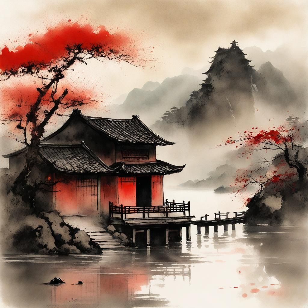 muted Chinese ink painting, muted colors, rice paper texture, splashed paint, wudang mountain, monk, red sun, old hut. B...