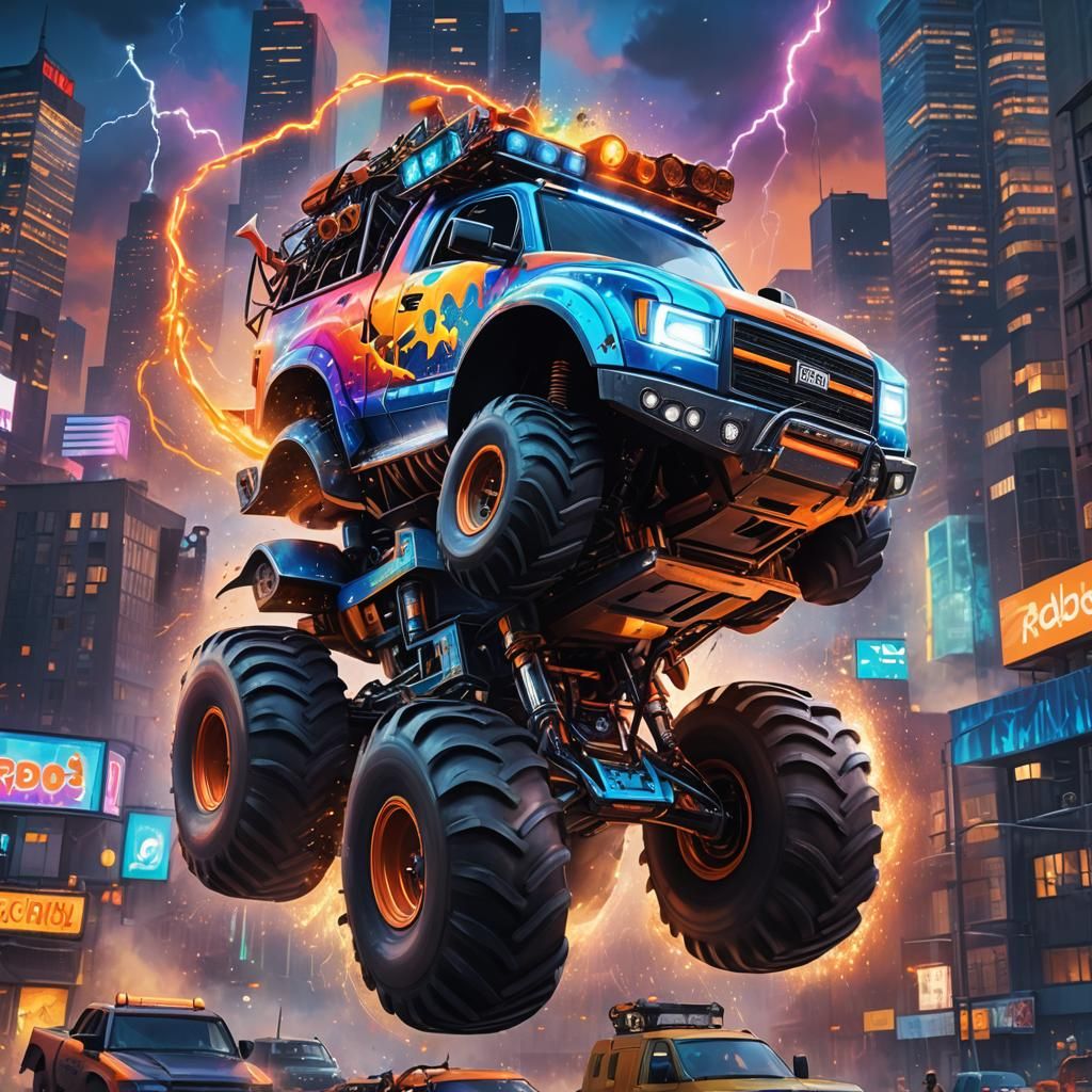 Rainbow Monster Truck Jumps in Futuristic City