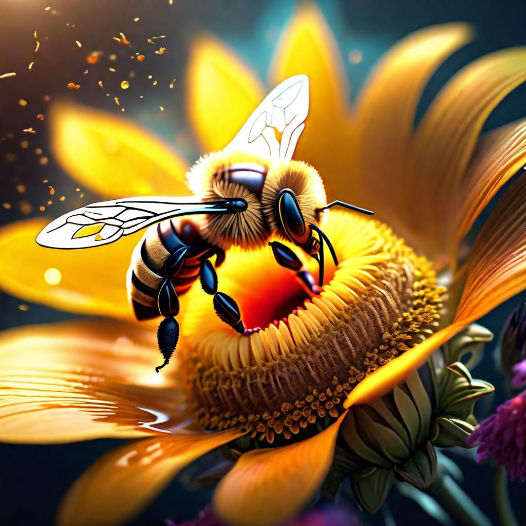 Honey Bee Pollinating Flower in Dark Fantasy Art