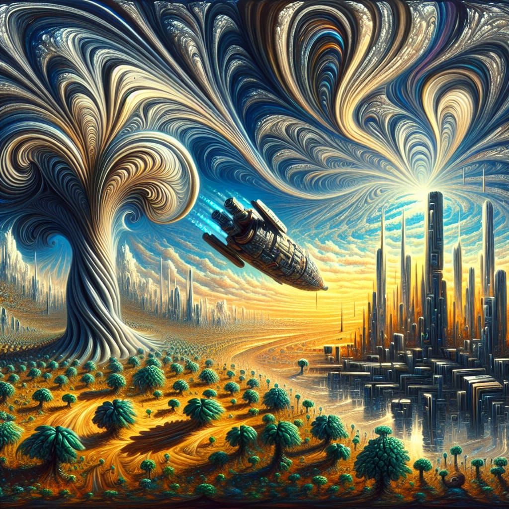 Surreal Landscape with Spaceship in 19th-Century Style