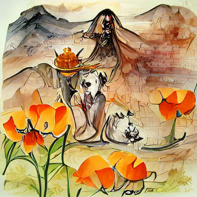 Hecate with Dogs and Poppies in Japanese Ink
