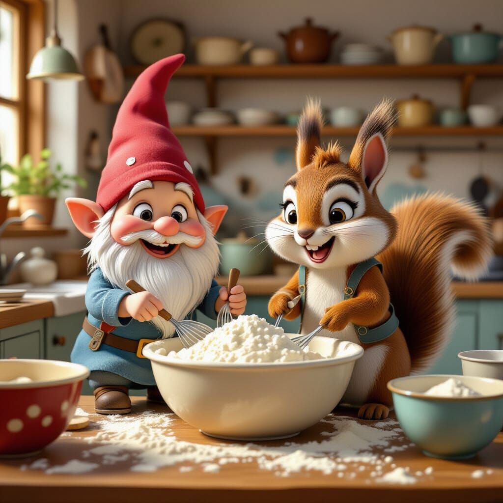 Gnome and Squirrel Baking in Cartoon Animation Style