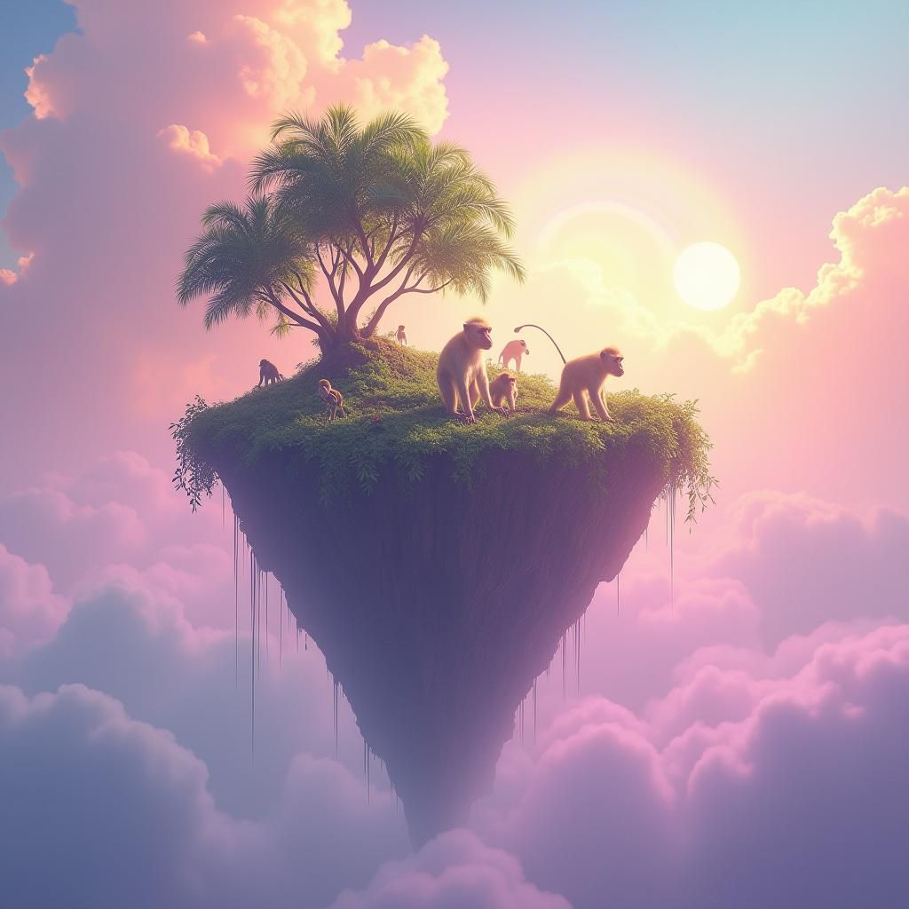 Floating Tropical Island in Rainbow Sky