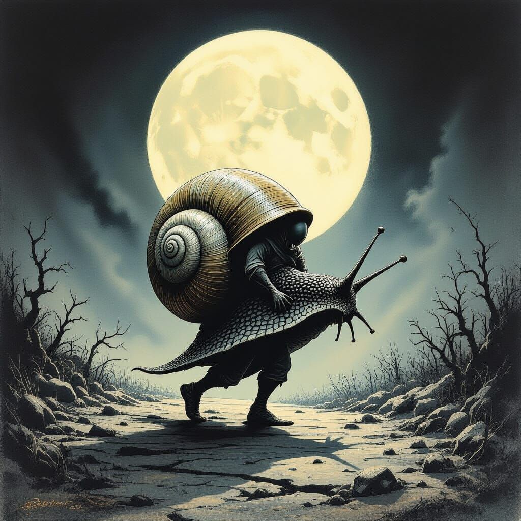 Humanoid Snail Person Under Ethereal Moon