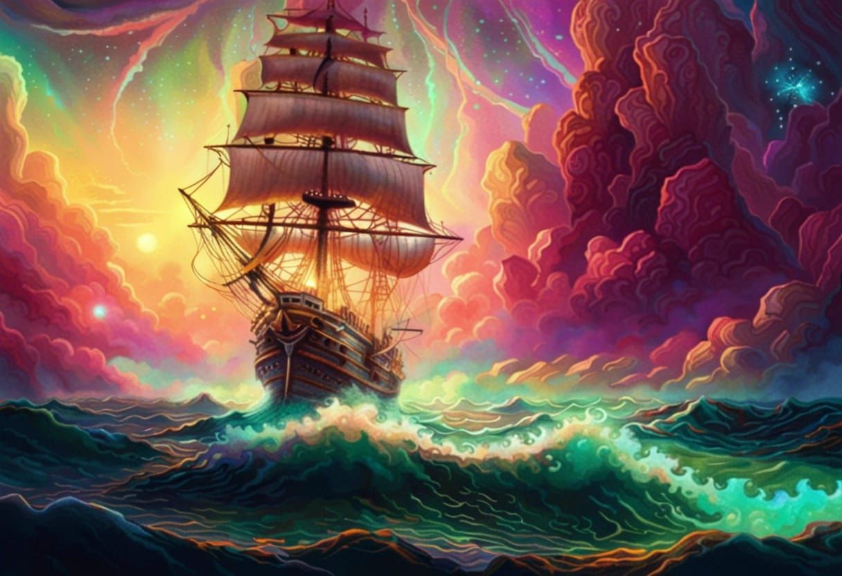 Baroque Alien Space Empire's Majestic Sailing Ship in Cosmic...