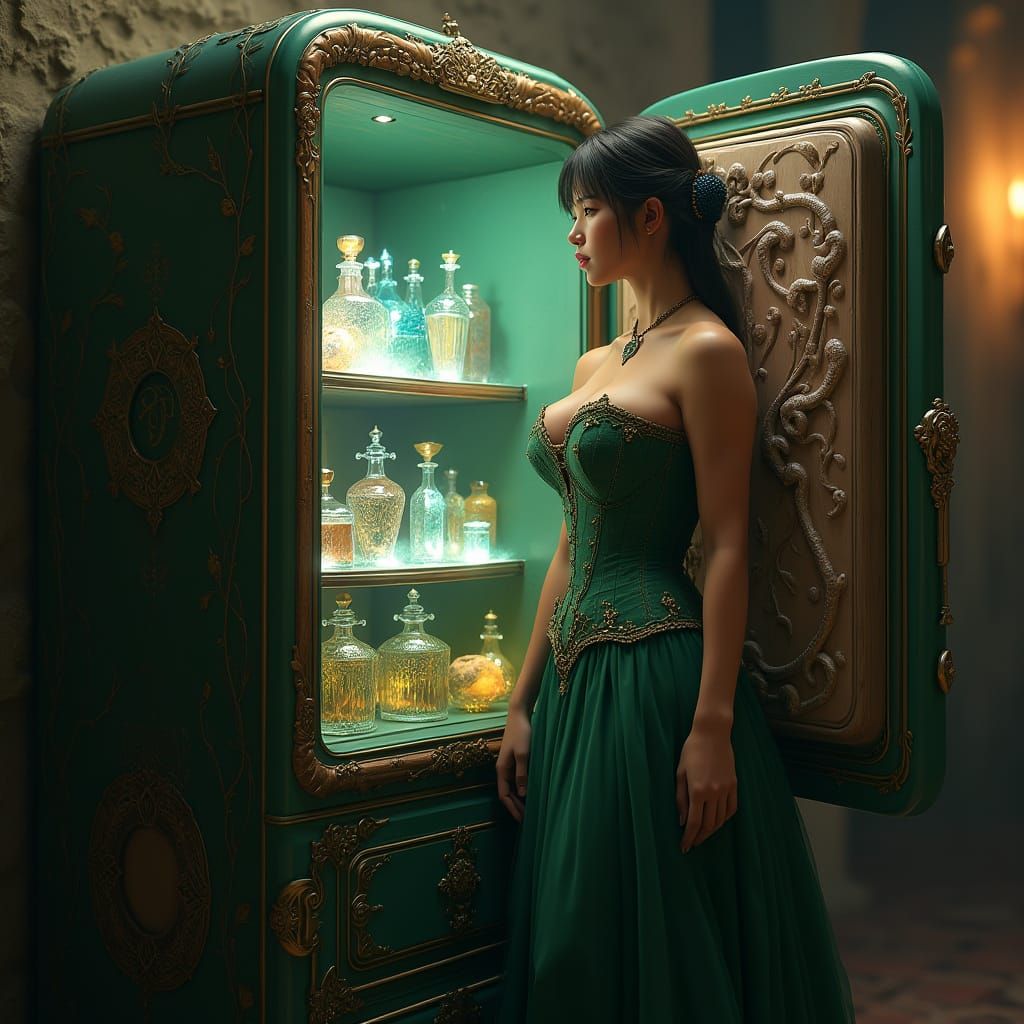 Fantasy Woman Gazing into a Magical Refrigerator
