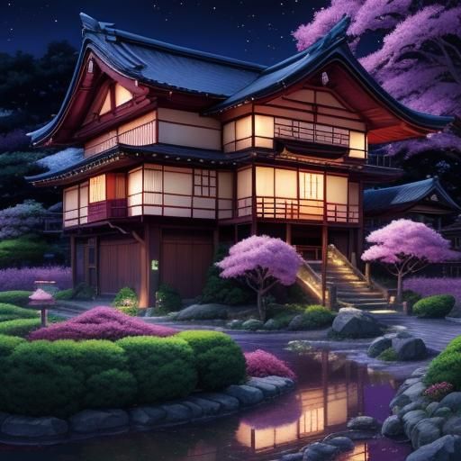 Whimsical Japanese House with Purple Trees in Anime Style