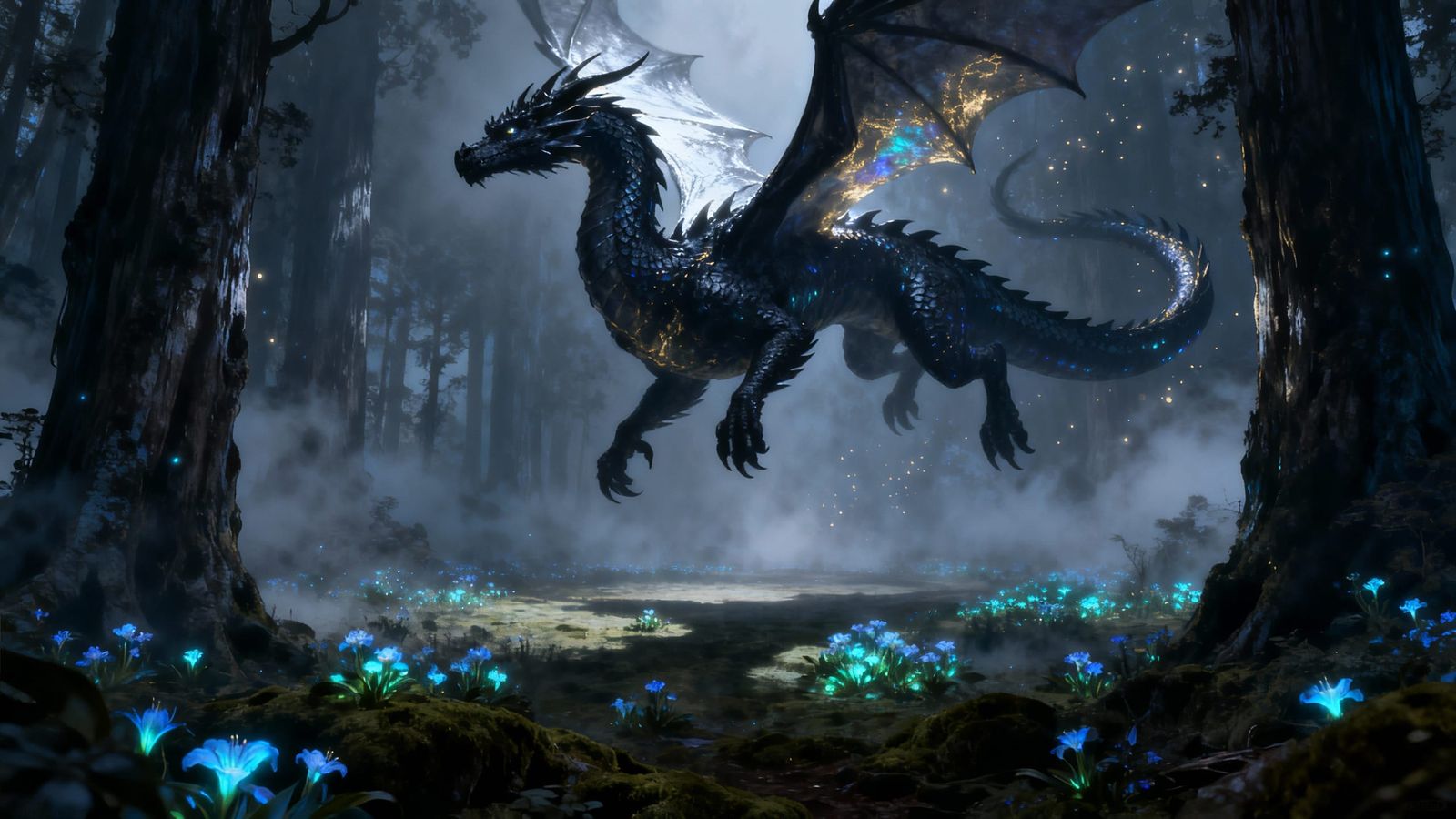 Ethereal Black Dragon in Ancient Forest Clearing