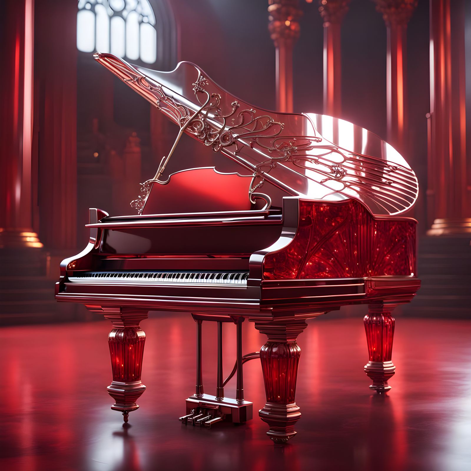 Enormous crystal RED Glass, shiny steel grand piano with win...