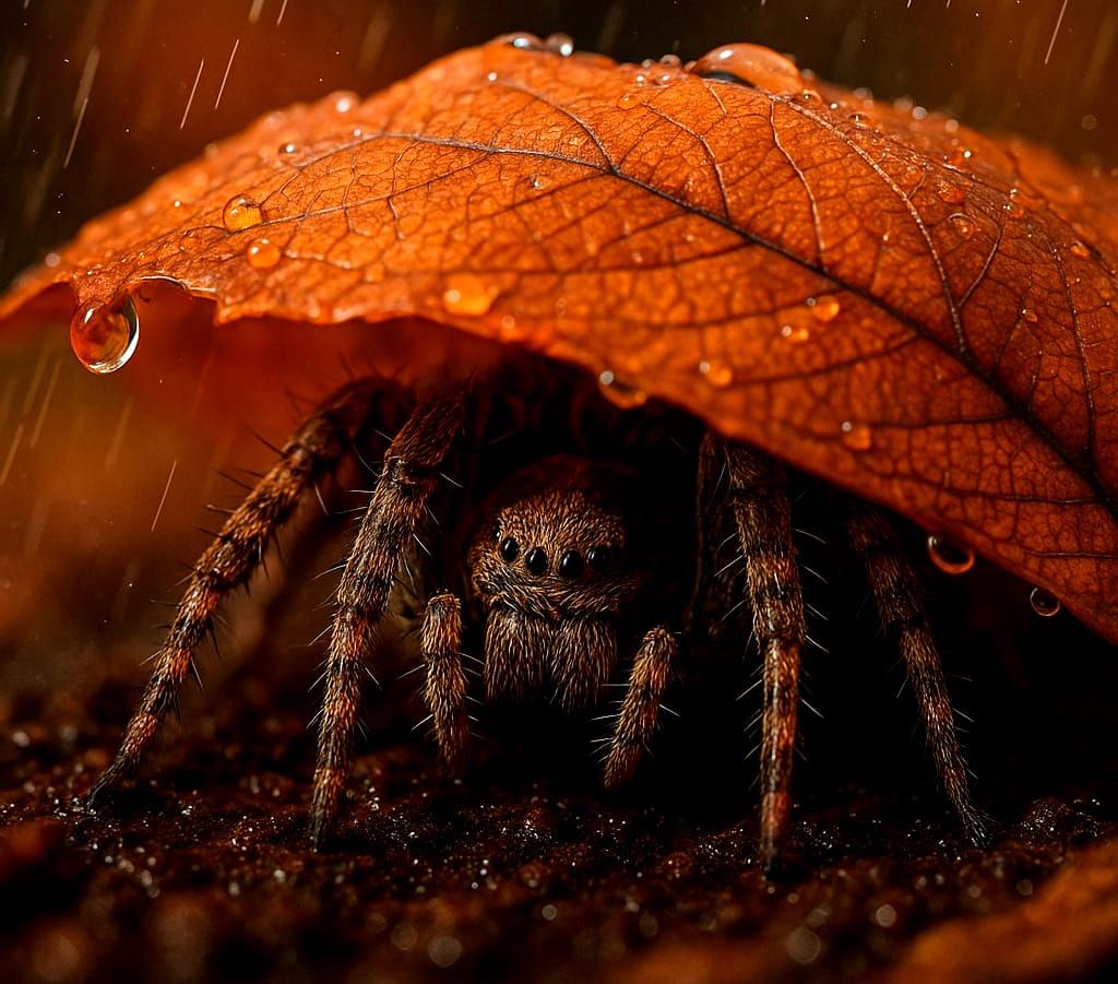 Photorealistic Spider Hiding Under Leaf in Rain