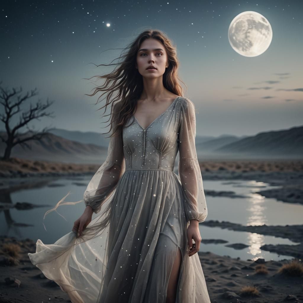 Ethereal Woman in Moonlit Surreal Landscape