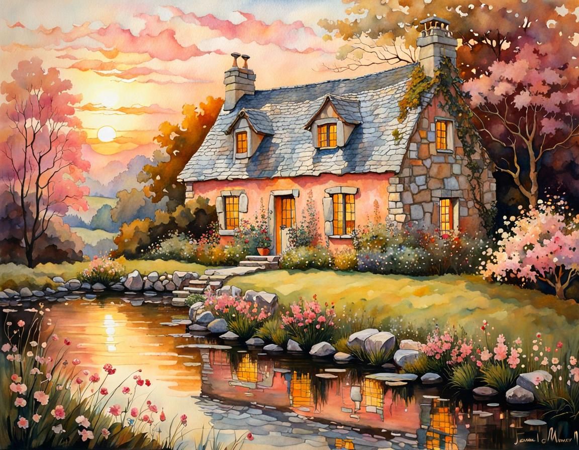 English Cottage Sunrise in Mixed Media Style