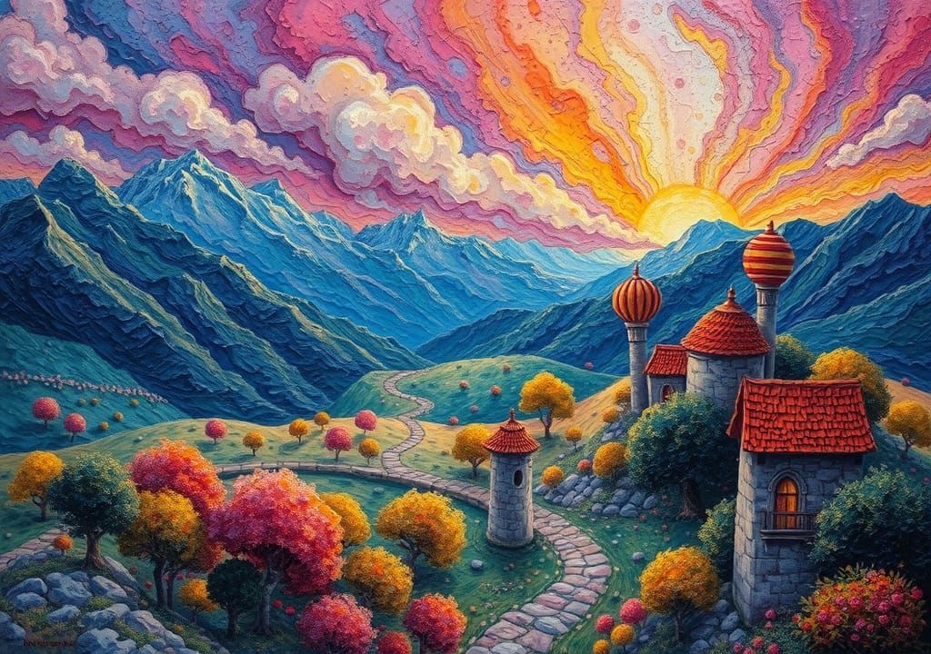 Utopian Scenery as Colorful Impasto Acrylic Painting