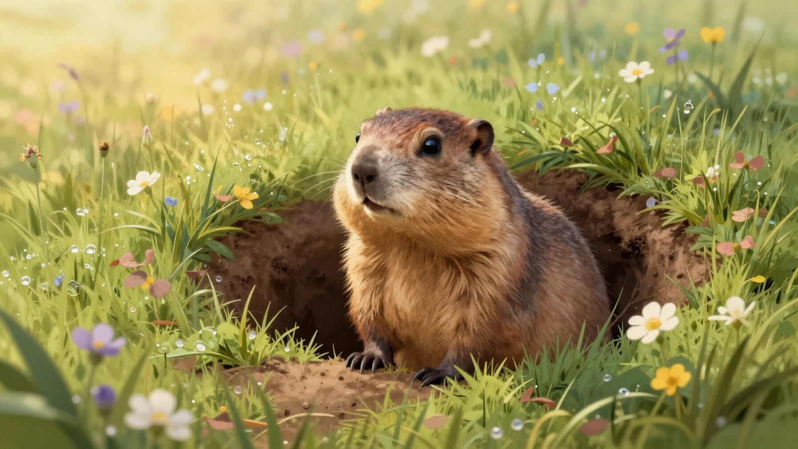 Charming Groundhog Surveys Spring Meadow in Golden Hour Ligh...