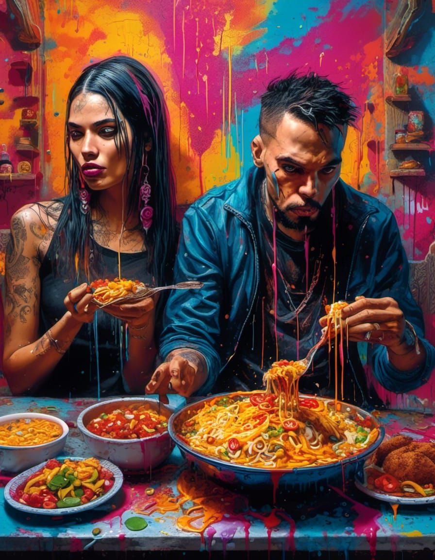 Gothic Couple Enjoying Mexican Food in Graffiti Art Style