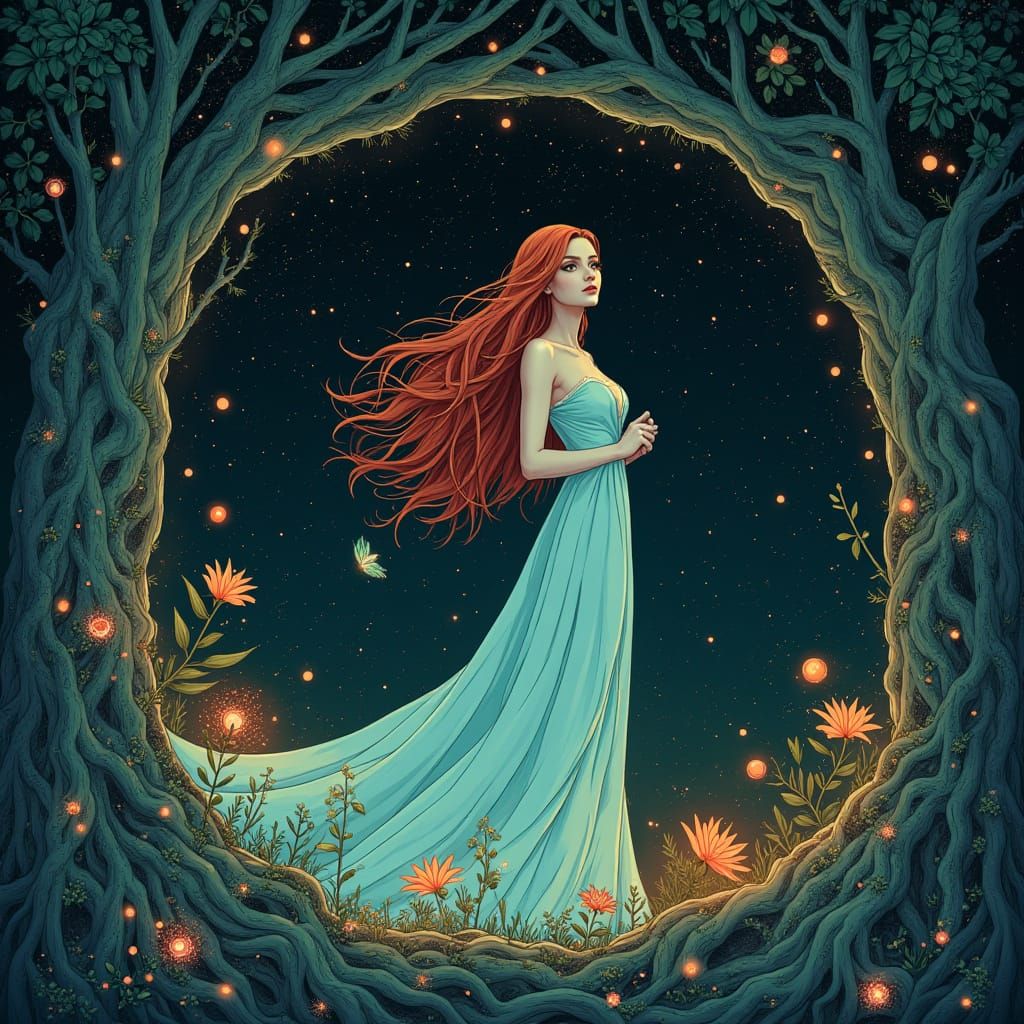 Mystical Woman in Bioluminescent Forest, Art Nouveau Style