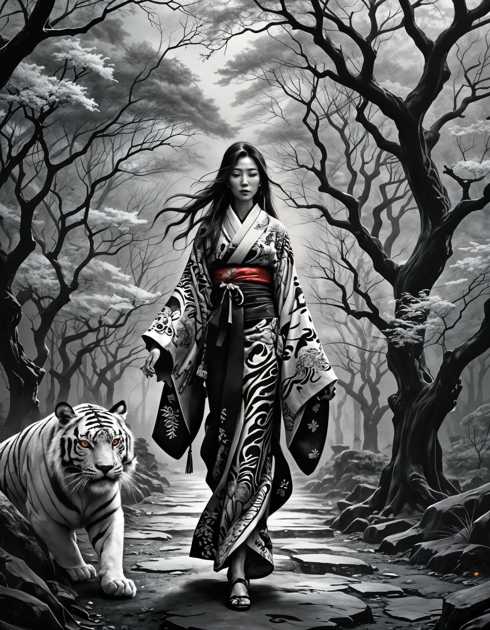 Mystical Japanese Woman with Tiger Illustration