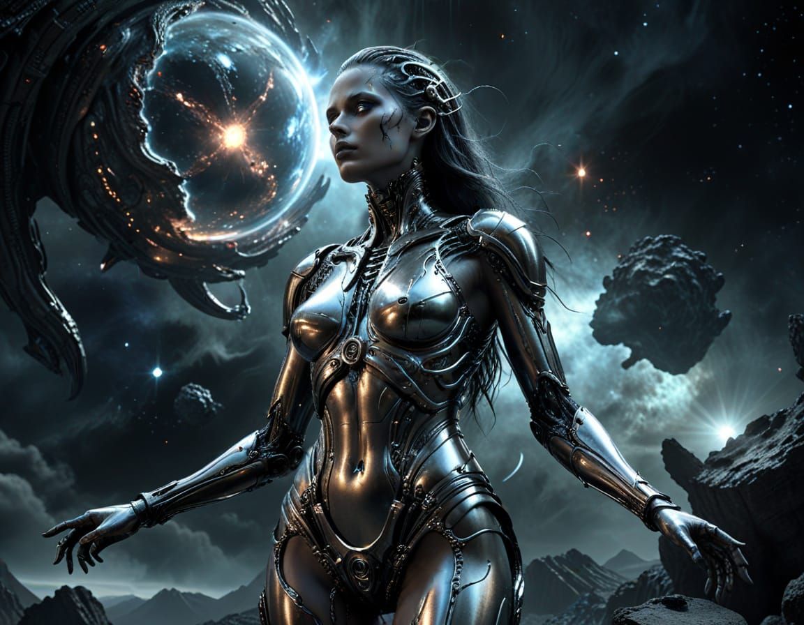 Cyborg on Alien Planet Gazing at Nebula