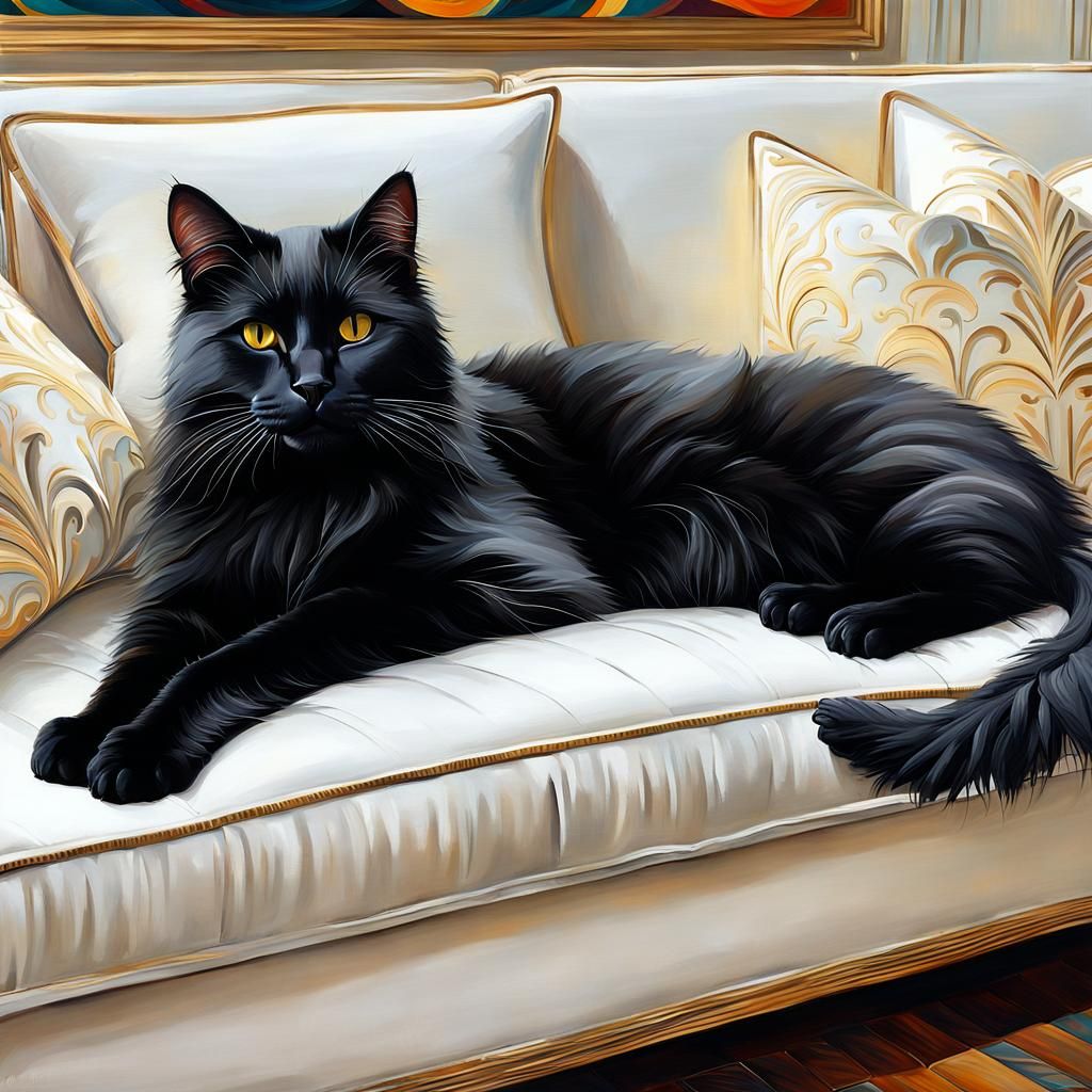 Fluffy Black Cat in Art Deco Home Painting