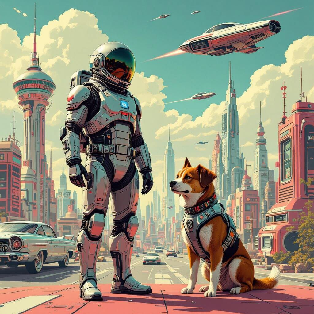 Retro-Futuristic Man and Dog in Atomic Age Cityscape