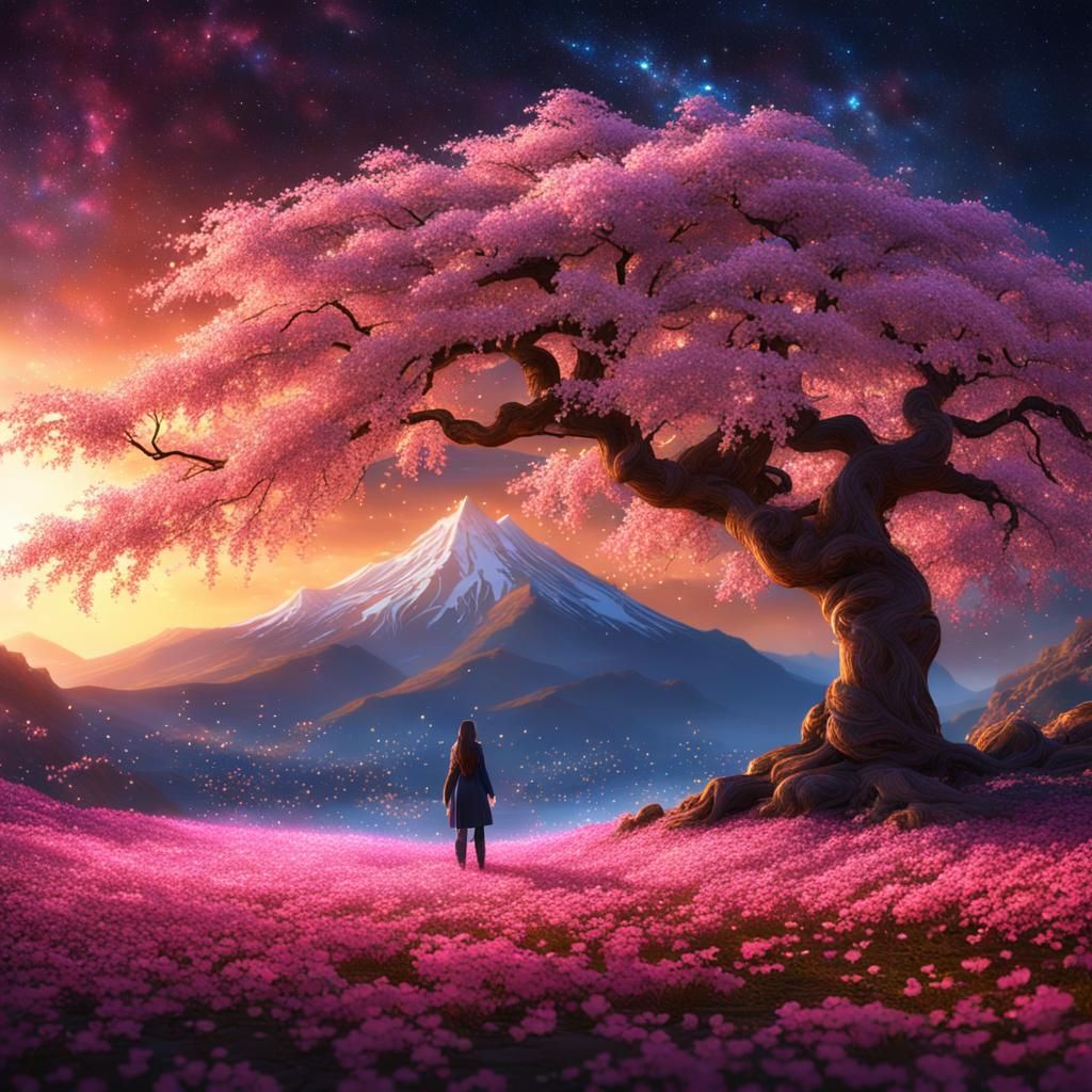 Sakura Tree at Sunset: Mystical Galaxy Art