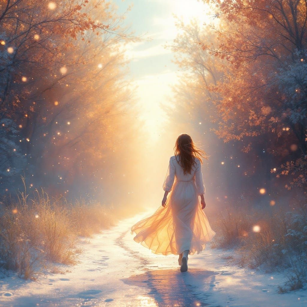 Ethereal Woman on Sunlit Street in Digital Fantasy Style