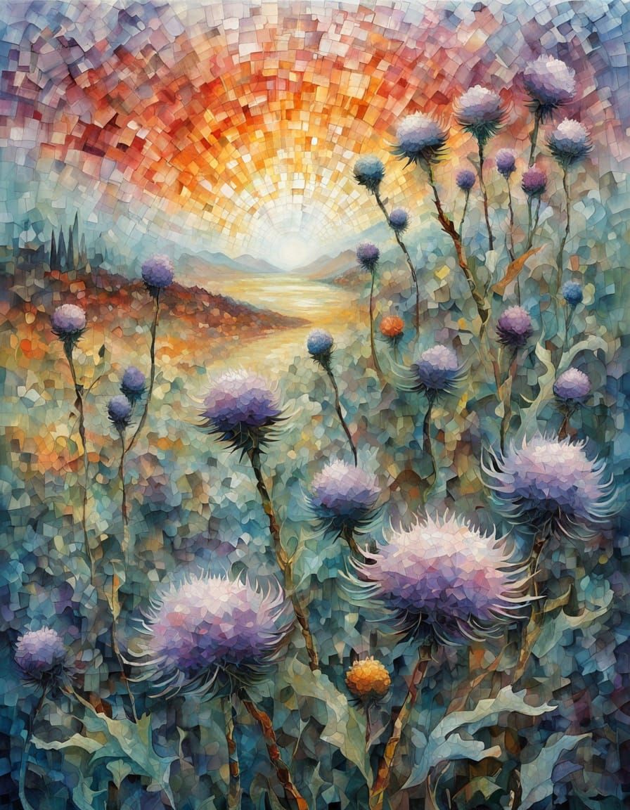 Surreal Thistles and Misty Sunrise in Impasto Acrylic