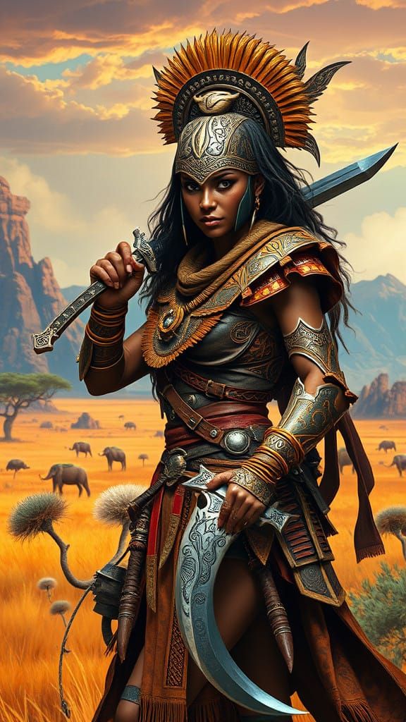 Fantastical African Warrior in Vibrant Savannah Landscape