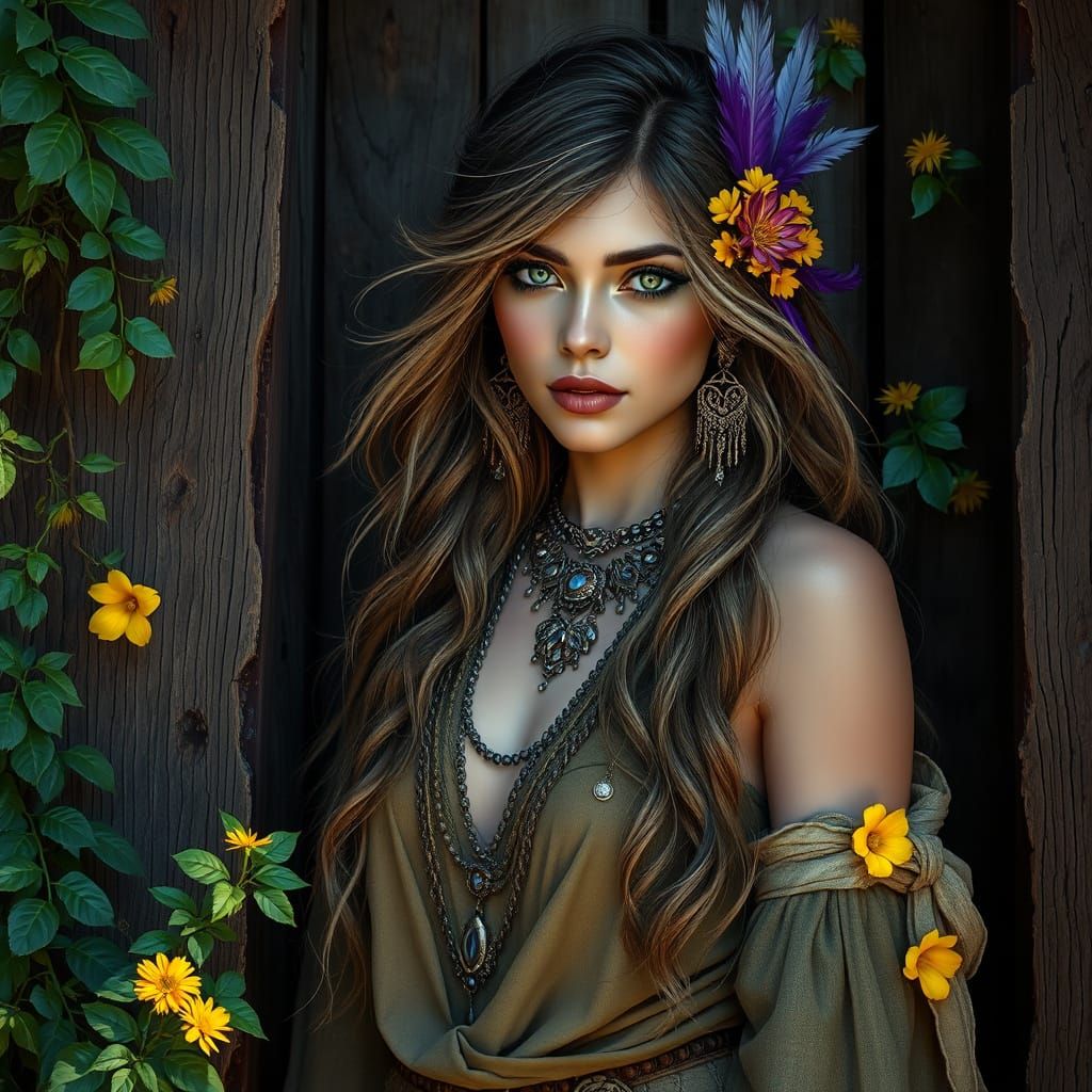 A captivating young woman with long, flowing hair, green eyeshadow, lipstick, adorned with small feathers and floral ele...