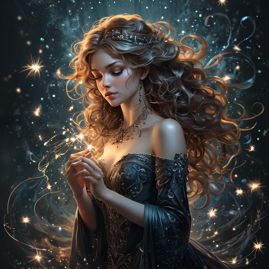 Fairy Sorceress Creates Starry Melody in Art Noir