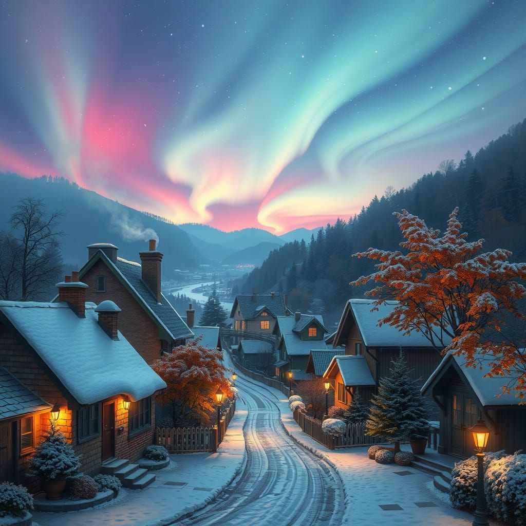 Aurora Borealis over Quaint Autumn Village