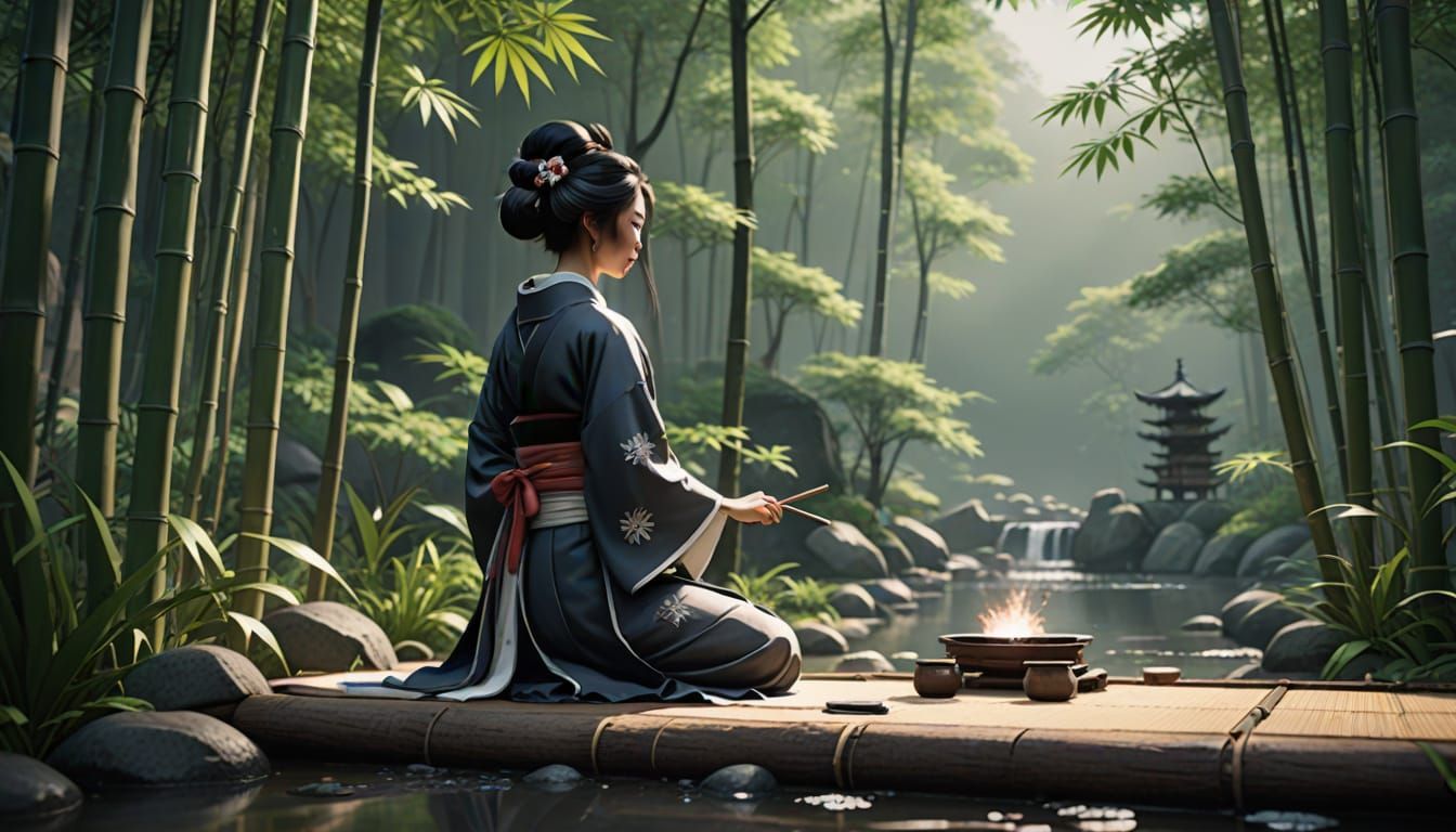 Geisha Calligraphy in Bamboo Garden: Japanese Ink Painting