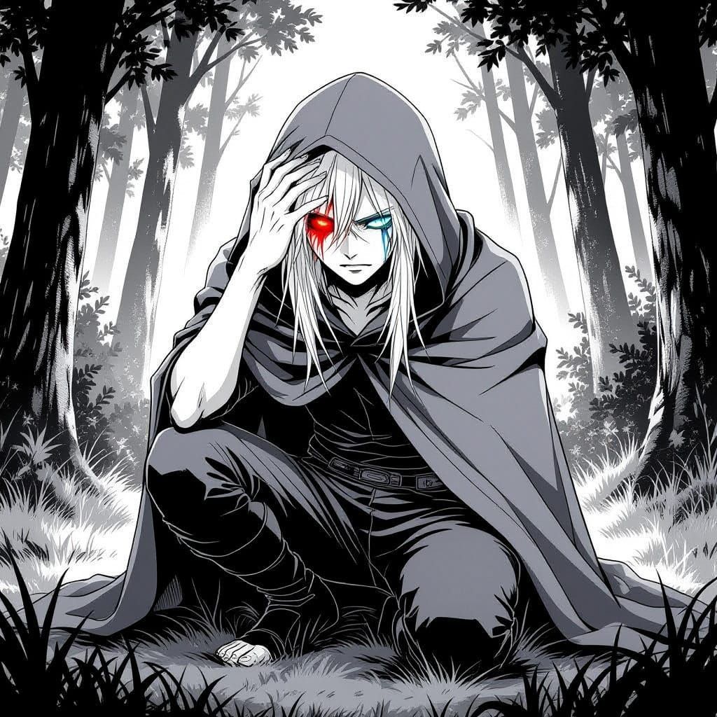 Anguished Anime Character in Forest Clearing