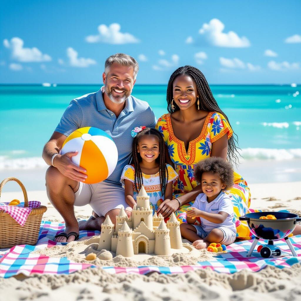 Family Portrait on Sunny Beach in Hyper-Realistic Style