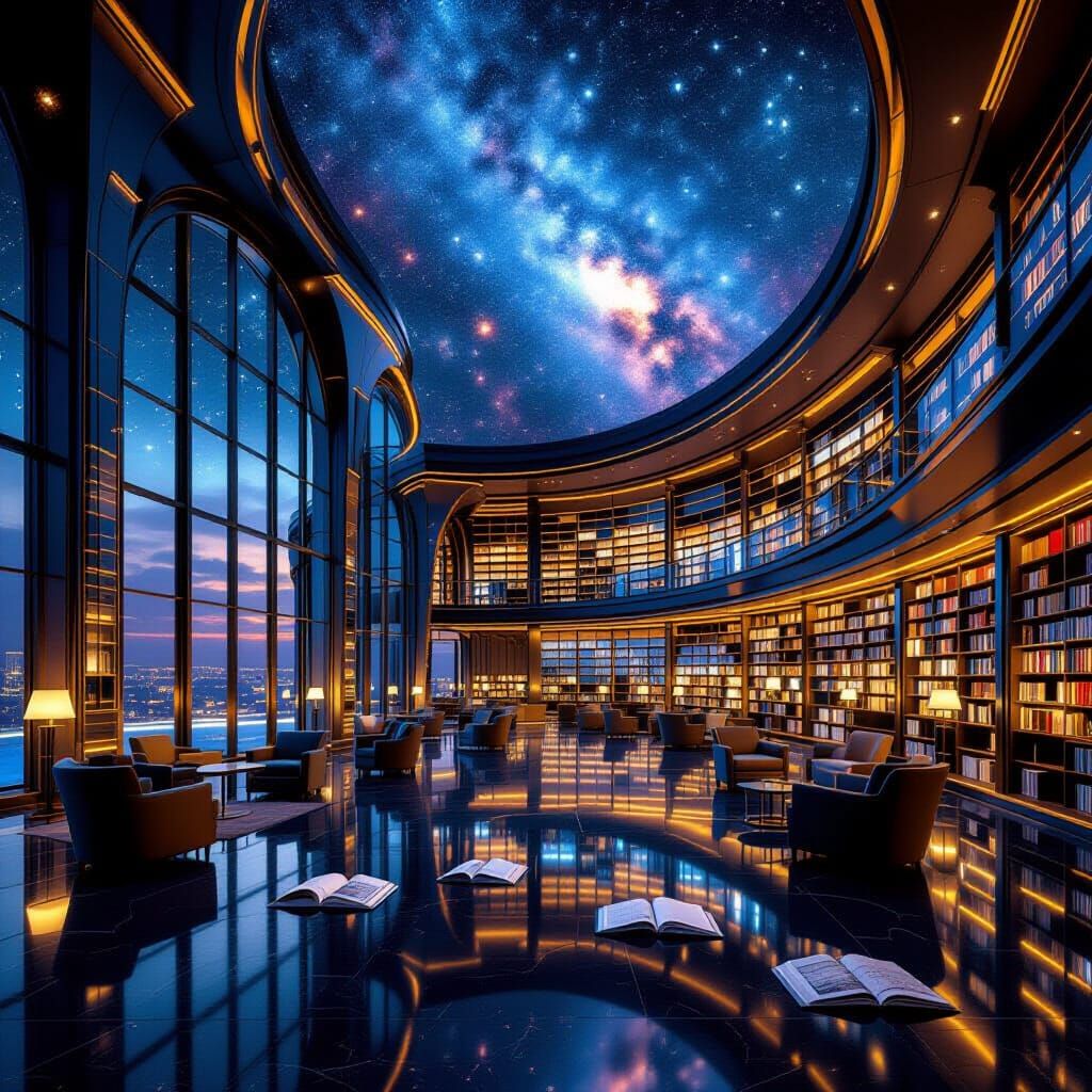 Grand Futuristic Library with Cosmic Sky View