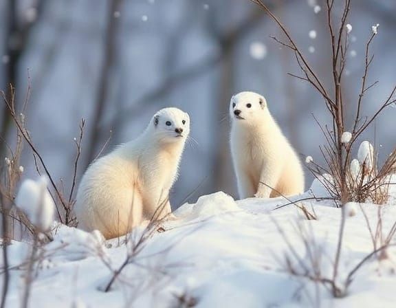 Whimsical Watercolor: White Stoats in Winter Snow