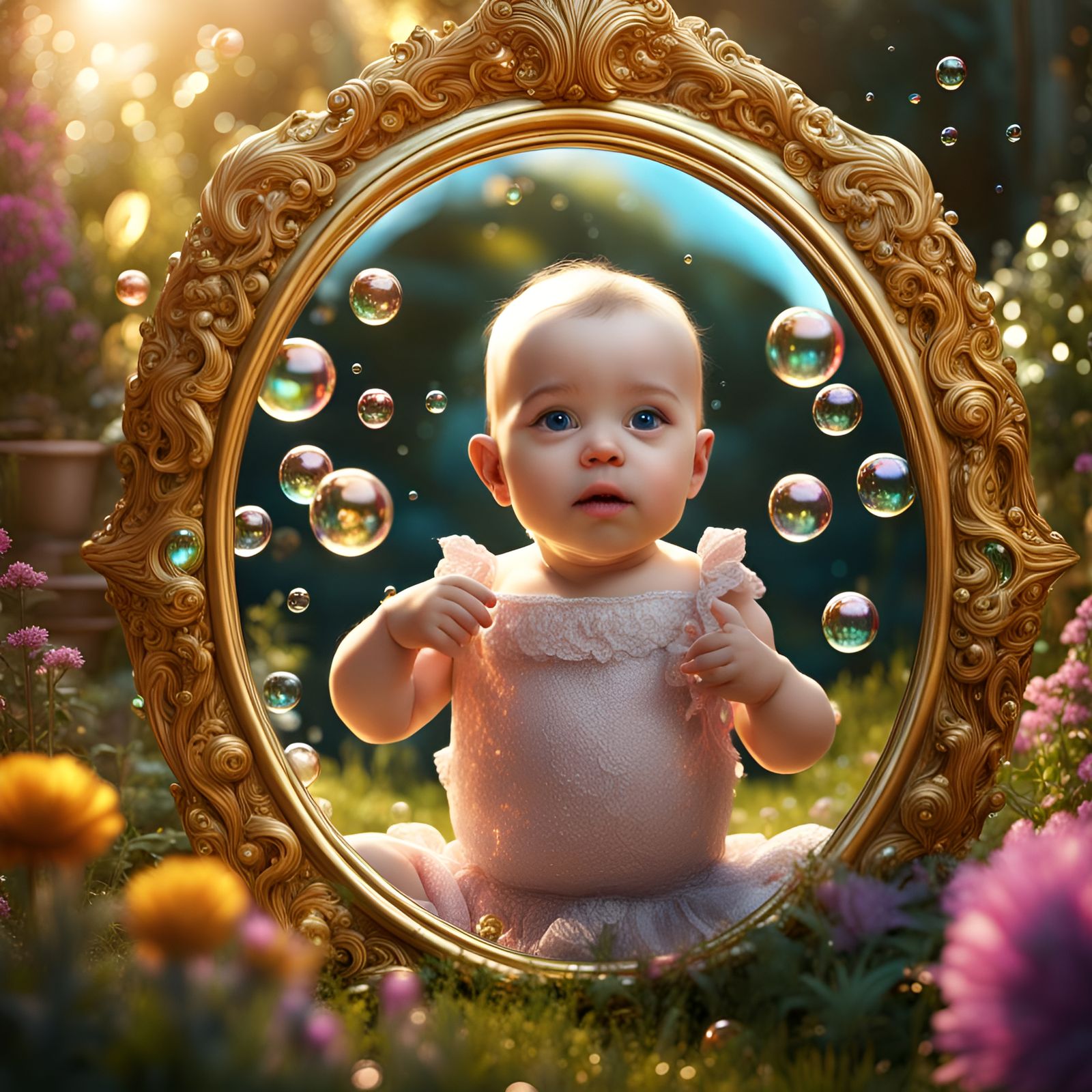 Baby's Joy: Bubbles and Gold Mirror in Garden