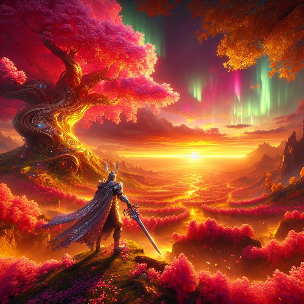 Epic Sunset Landscape with Armored Knight