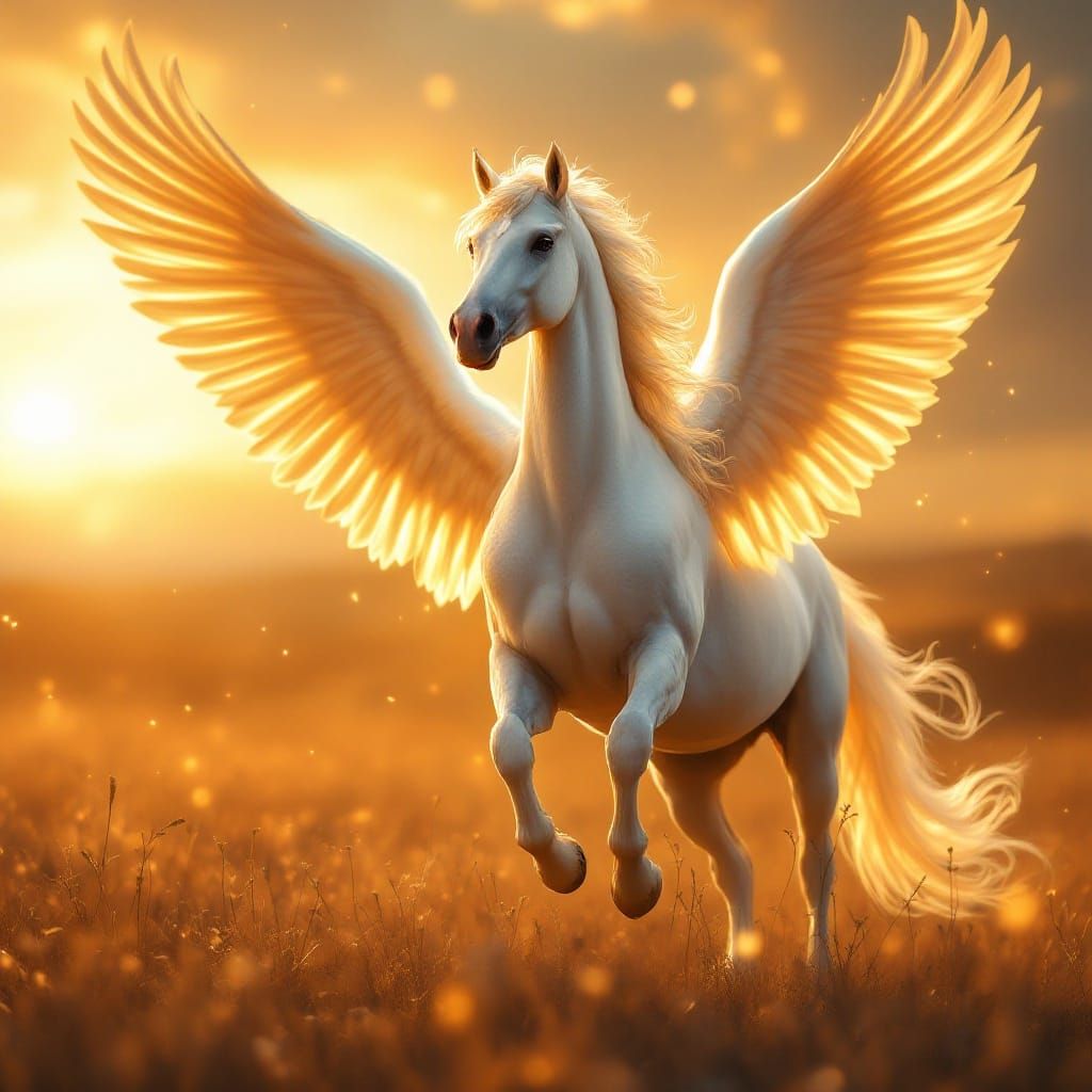 Surreal Sunset Pegasus in Mystical Field with Glowing Golden...