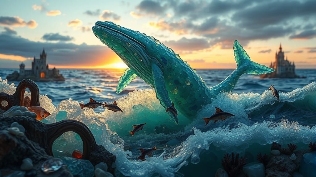 Whale Made of Sea Glass Breaching in Turbulent Ocean