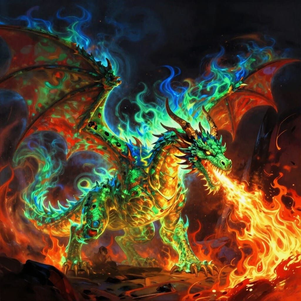 Dragon Spewing Multi-Colored Fire in Dramatic Landscape
