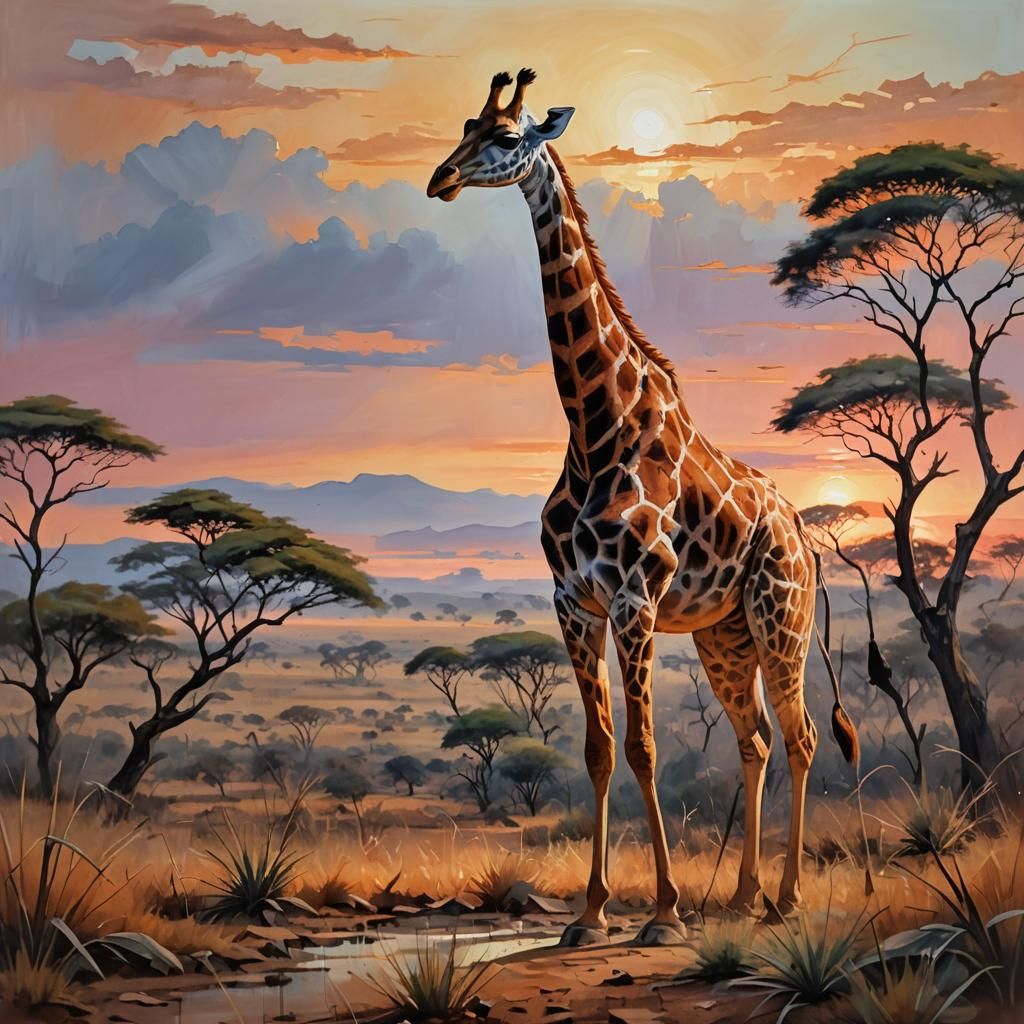 Giraffe in African Sunset: Abstract Oil Painting