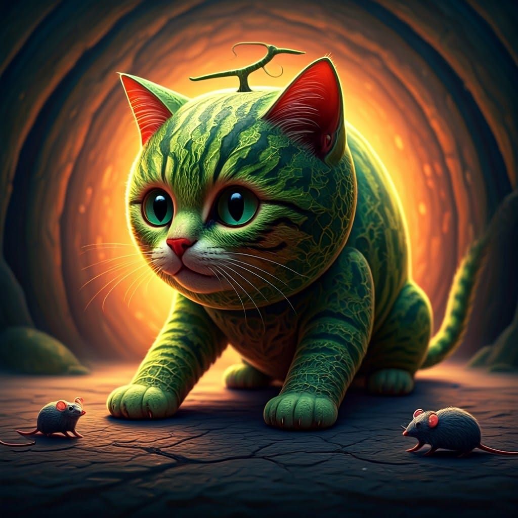Vibrant Whimsical Cat Stalks Dreamlike Watermelon Mice in Hy...