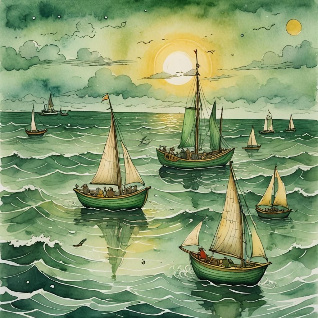 Owl and Cat's Pea-Green Boat: Watercolor and Ink
