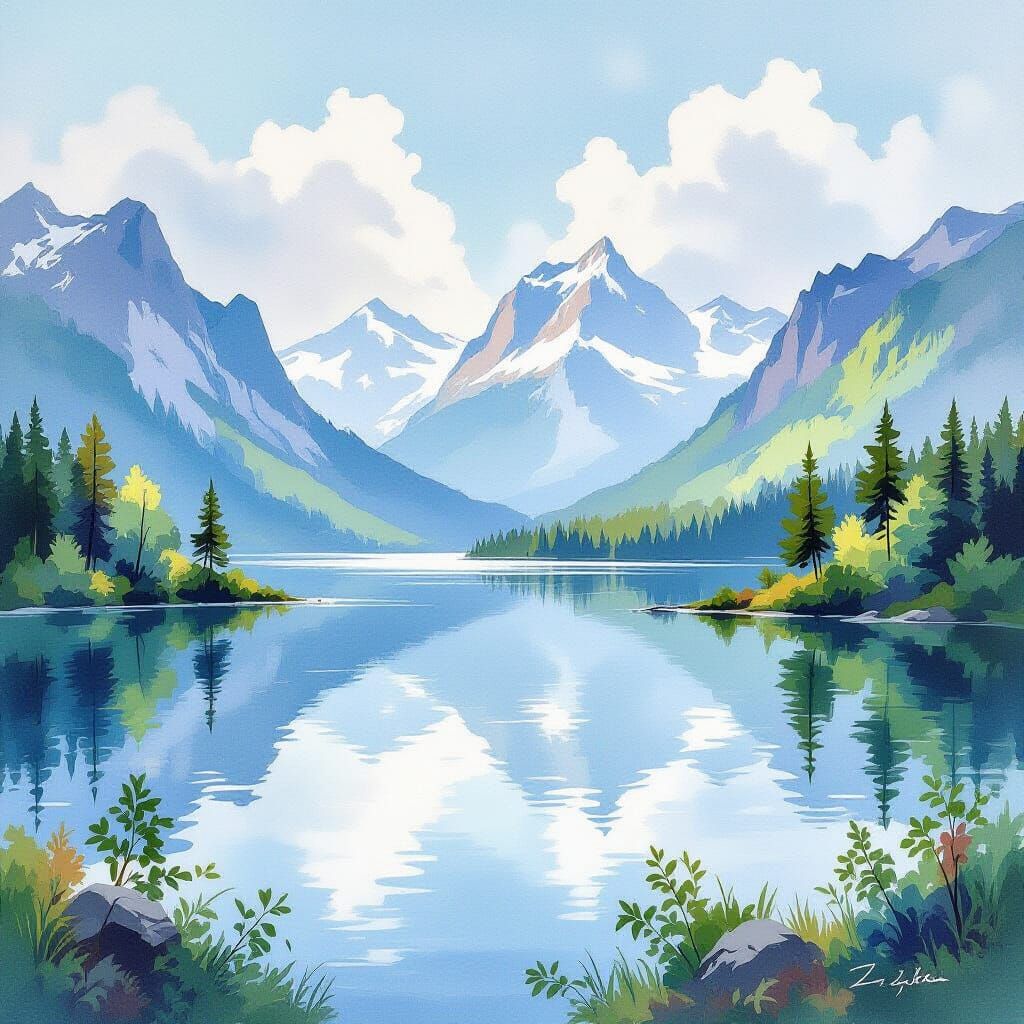 Serene Watercolor Landscape with Mountains and Lakes