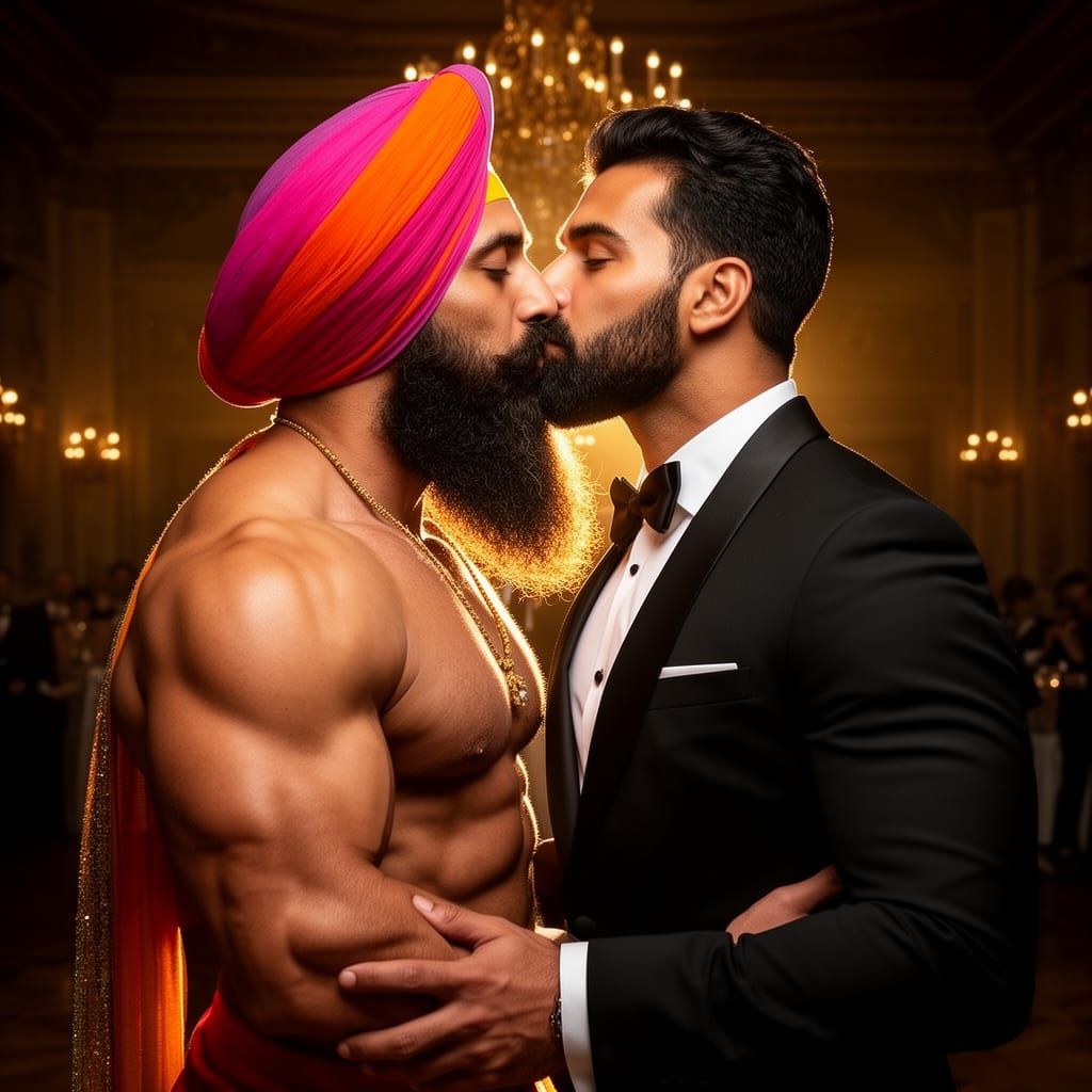 Passionate Kiss Between Muscular Sikh Men in Ballroom