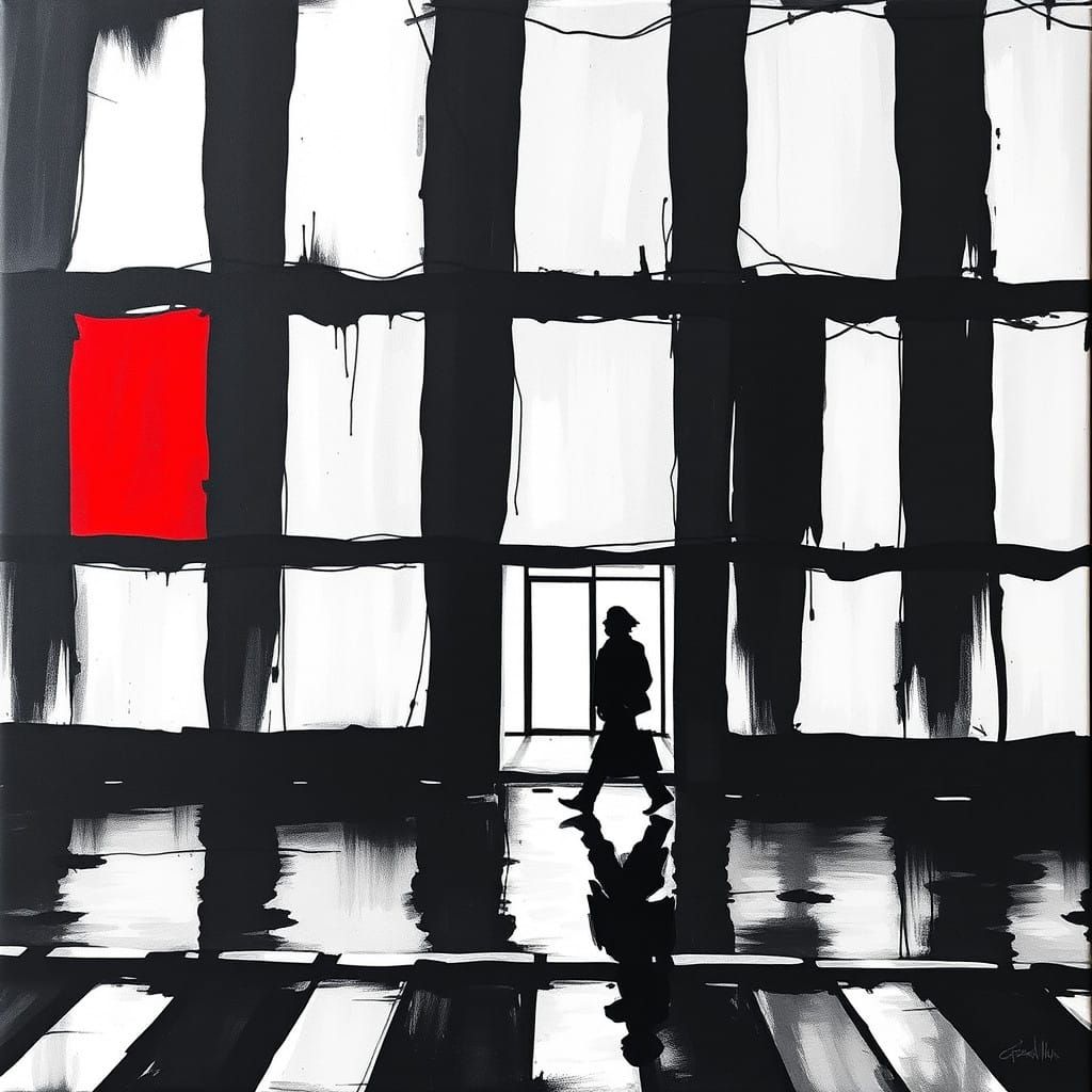 Vibrant Cityscape in Monochrome with Bold Red Accents