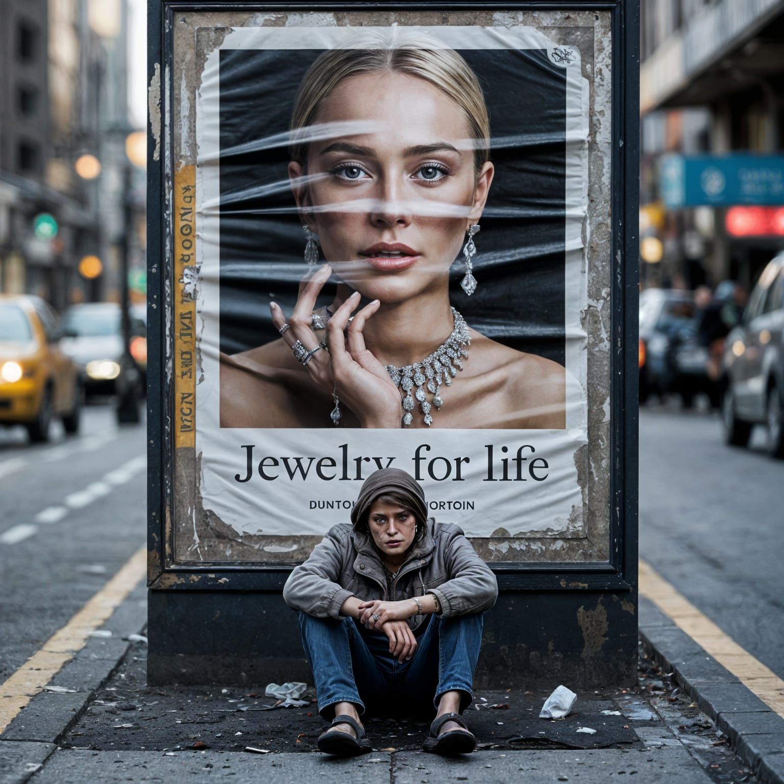 Homelessness and Luxury: A Hyperrealistic Street Scene