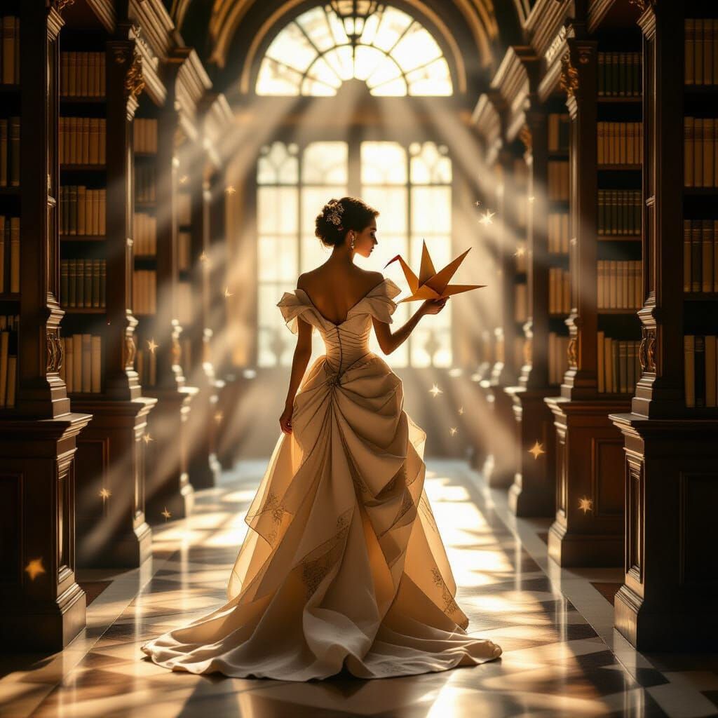 Elegant Woman in Decaying Library, Impressionist Style